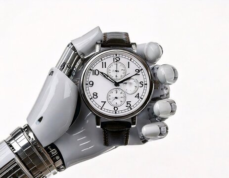 A sophisticated robotic hand is holding a classic analog clock,generative ai