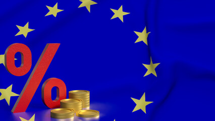The percent and coins on euro flag Background 3d rendering.