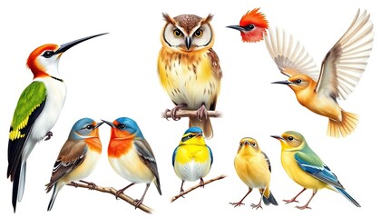 Fototapeta premium Set of watercolor birds: hoopoe, owl, waxwing, robin, blue tit, oriole, and goldfinch on isolated white background AI Generate