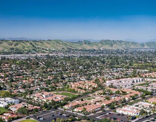 Fototapeta premium Aerial view of Riverside's downtown area, showing urban buildings, generative ai
