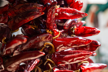 Piment d'Espelette, dried red hot chili peppers from Espelette village in Basque Country in...