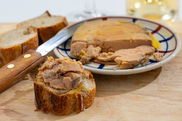 Foie gras fat liver specialty food product made of liver of a duck or goose fattened by gavage,...