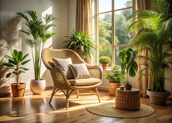 Fototapeta premium Minimalistic Home Interior with Cozy Wicker Chair and Sunlit Plant - Modern Decor Inspiration