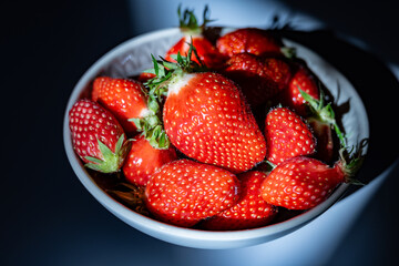 Plate with french organic red ripe sweet strawberries Fraises de Plougastel, harvested in France