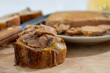 Foie gras fat liver specialty food product made of liver of a duck or goose fattened by gavage, force feeding, served in French restaurant in Perigoed, Dordogne, close up