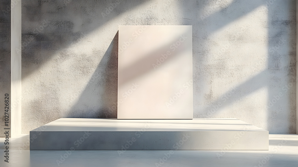 Poster sunlit studio with a blank canvas on a concrete wall and an empty platform. clean, modern design wit