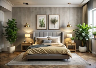 Modern Bedroom with Stylish Bed and Picture Frame Mockup for Interior Design Inspiration