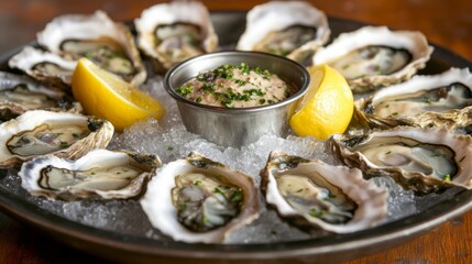 A platter of fresh oysters on ice with lemon wedges and a small bowl of mignonette sauce.