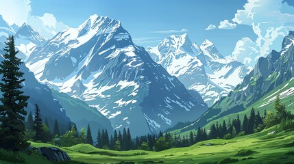 Obraz premium A cartoon illustration of a mountain valley with a green meadow and blue sky.