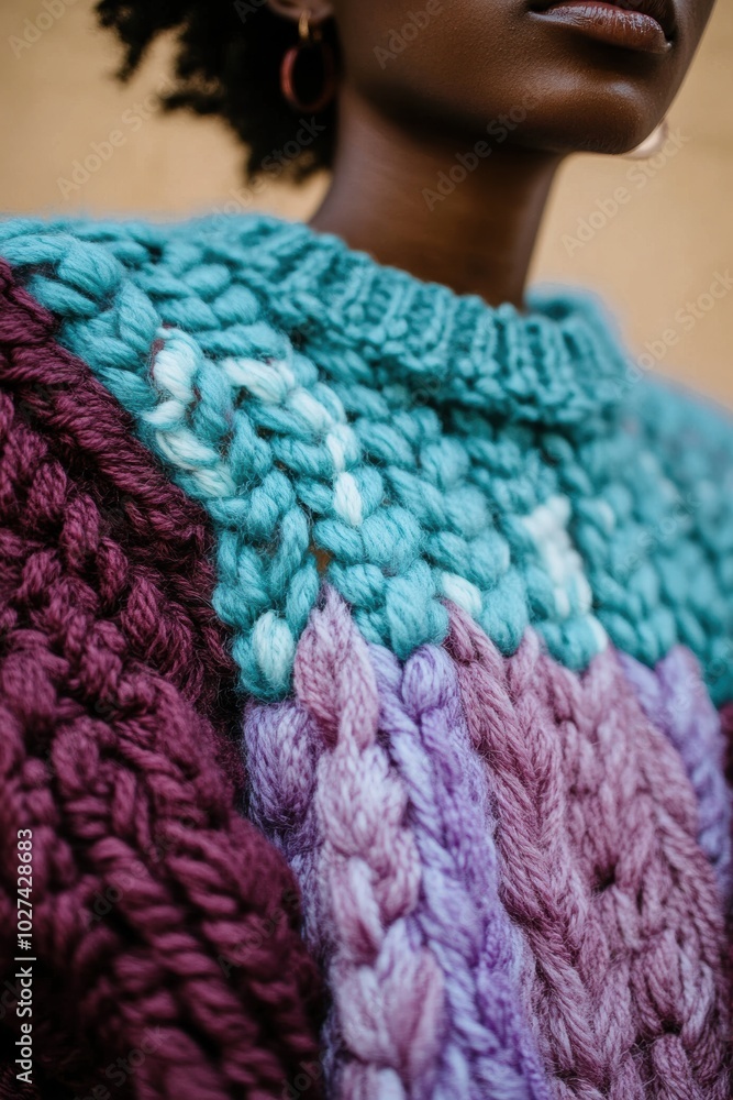 Sticker Close-up of a colorful knitted sweater showcasing vibrant turquoise, purple, and burgundy textures, ideal for fashion inspiration.