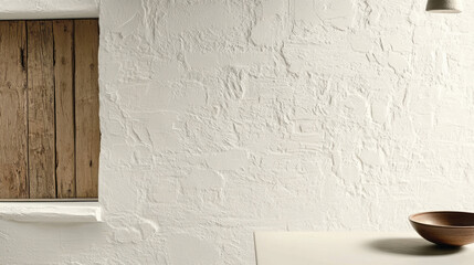 Off-White Textured Plaster Wall with Abstract Painting and Revealed Wood Accents