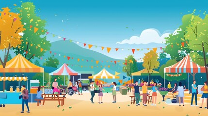 A colorful illustration of a bustling outdoor market with people shopping and enjoying the atmosphere.