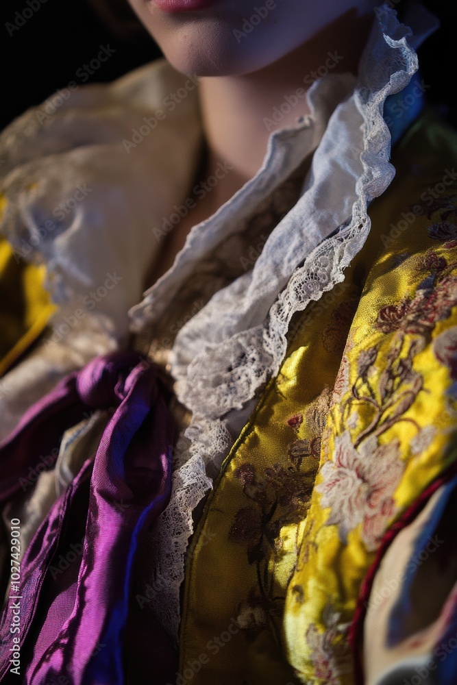 Sticker Elegant Costume Detail: A Close-Up of Colorful Fabric and Lace in Rich Yellow and Purple Tones, Ideal for Fashion Studies