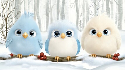 Fototapeta premium Delightful cartoon baby birds perched on winter berry branches against a magical snowy backdrop in vibrant colors and high detail