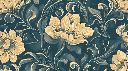 A beautiful and intricate floral pattern in gold and red on a dark background. The design is perfect for a variety of uses, from wallpaper to fabric.