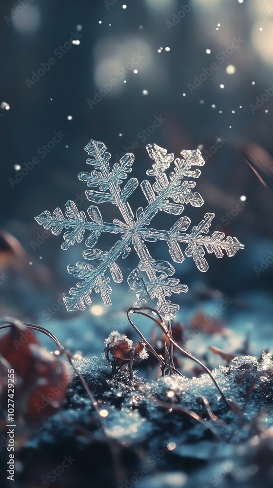 Poster a single, delicate snowflake rests on a twig, its intricate details visible in the winter light.