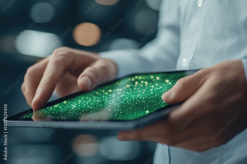 Poster businessman using secure tablet for encrypted access