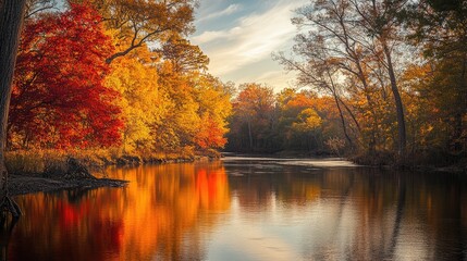 Obraz premium A stunning autumn landscape with trees covered in red and yellow leaves, with a peaceful river reflecting the warm colors of fall