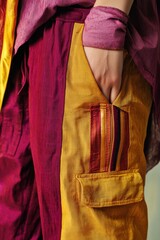 Fashion Image: Vibrant maroon and yellow pants with a unique pocket design, ideal for showcasing trendy style in apparel marketing.