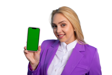 Portrait of a young businesswoman showing a smartphone with a green screen