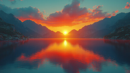 Fototapeta premium fiery sunset over a calm lake with rugged mountain ranges casting a stunning reflection