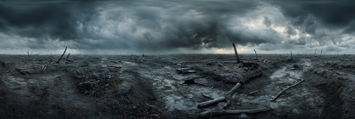 A desolate battlefield encircles, with trenches and debris scattered across the cracked earth