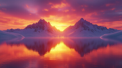 Fototapeta premium glacial sunset mirrored in a tranquil arctic lake between snow-capped mountain peaks