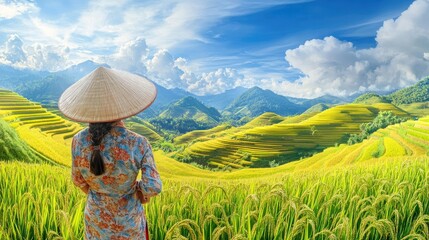 Fototapeta premium Serene Rice Fields Under Blue Sky with Woman in Hat