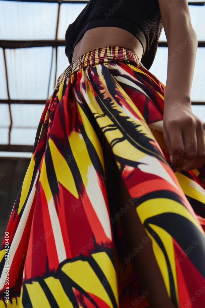 Poster Vibrant Fashion: A close-up of a woman's colorful skirt showcasing bold patterns in red, yellow, and black for style inspiration.