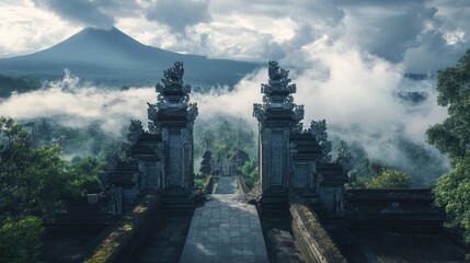 Serene Temple Gateway with Misty Mountain Backdrop