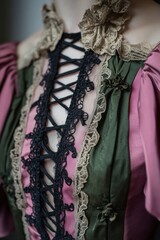 Detailed Close-Up of Vintage Dress with Lace and Ribbons in Green, Pink and Black Tones for Fashion Design Inspiration