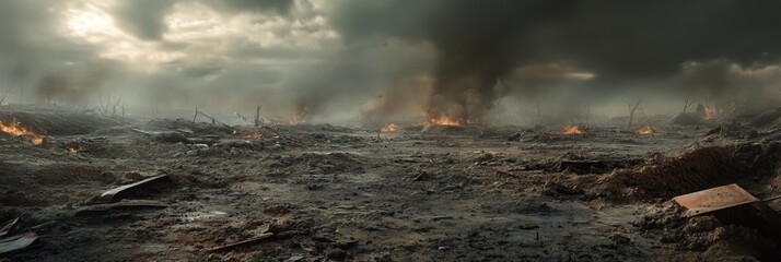 A vast, desolate terrain filled with shattered trenches and twisted metal 