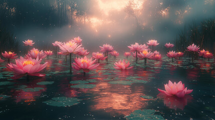 pink lotus blossoms spread across a tranquil misty water landscape