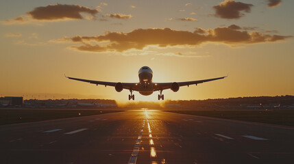 Naklejka premium 3D render of an airplane taking off from an airport runway at sunset. The plane is flying in the sky over an empty asphalt road with lights on both sides. In the front view,
