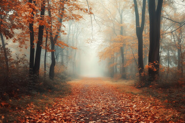 Fototapeta premium Misty Autumn Forest in Early Morning with Fog and Fallen Leaves