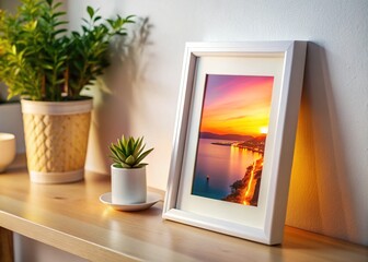 Rectangular Photo Frame on White Shelf - Aesthetic Home Decor and Minimalist Interior Design Photography