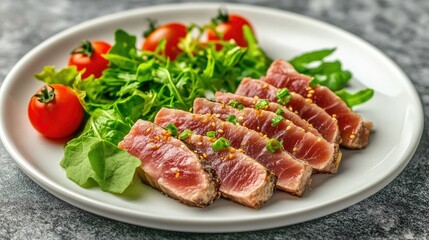 Fresh Sliced Tuna with Salad and Cherry Tomatoes