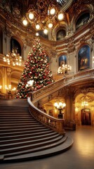 Obraz premium A stunning Christmas tree adorned with red and white ornaments graces the elegant mansion's living room during the holiday season