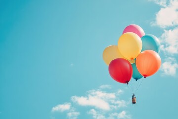 A vibrant cluster of balloons rises against a bright blue sky, evoking feelings of happiness and celebration on a lovely day. Generative AI