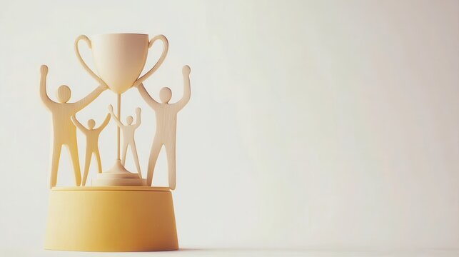 Office teamwork success, minimal style, trophy celebration, clean background
