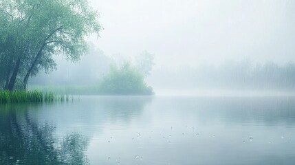 Fototapeta premium Beautiful rainy day scene with a calm lake reflecting raindrops, surrounded by green trees and a misty horizon