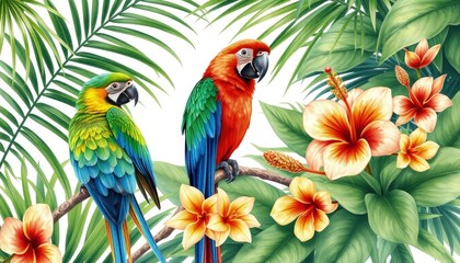 Fototapeta premium Parrots lovebirds, palm leaves, tropical flowers: turmeric, orchid, hibiscus in watercolor botanical illustration AI Generate