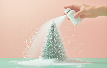 Fototapeta premium Spray bottle pouring snow on the Christmas tree. Minimal New Year concept. Winter holidays background.
