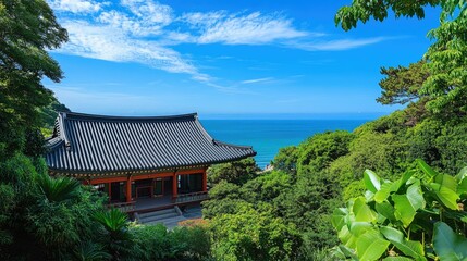 Serene Temple by the Ocean under Clear Blue Sky