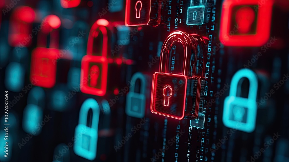 Aufkleber colorful digital locks on a binary code background, representing cybersecurity.