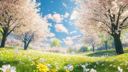 Obraz premium Springtime in a beautiful park with blossoming trees, a carpet of wildflowers, and a sunny blue sky overhead