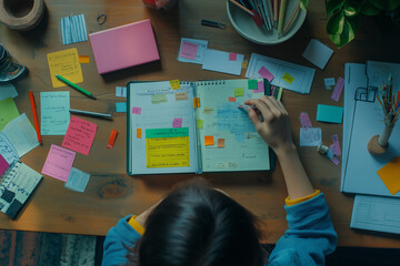 Woman planning with colorful sticky notes and notebook at wooden desk