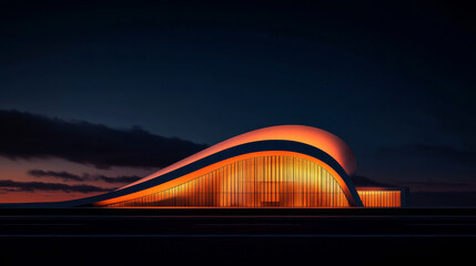Obraz premium Modern architectural marvel illuminated at dusk in a vibrant urban environment