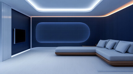 Modern minimalist living room featuring sleek furniture and ambient lighting in a blue theme