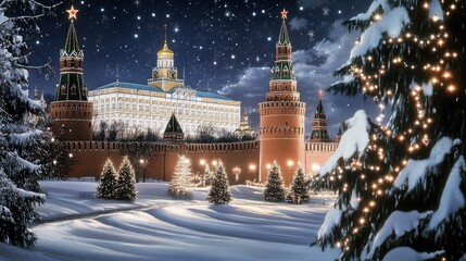 Captivating winter postcard featuring the Kremlin's Spasskaya Tower beneath falling snow and surrounded by serene snow-covered trees